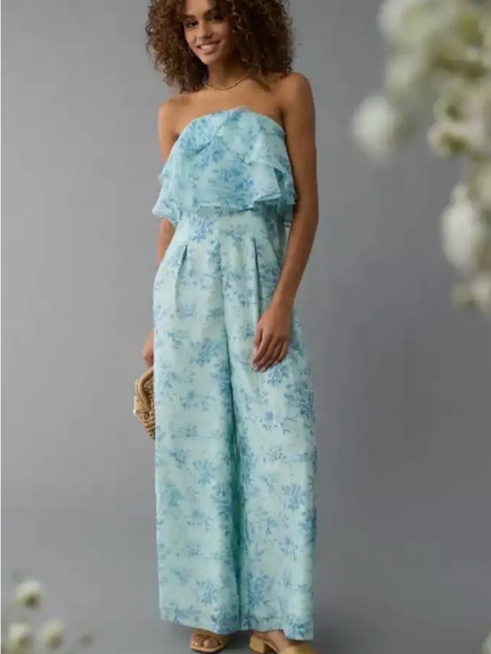 Strapless Ruffled Wide-Leg Jumpsuit - Light Blue Floral